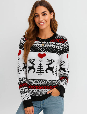 Ladies Reindeer Heart Christmas Pattern Knit Sweater