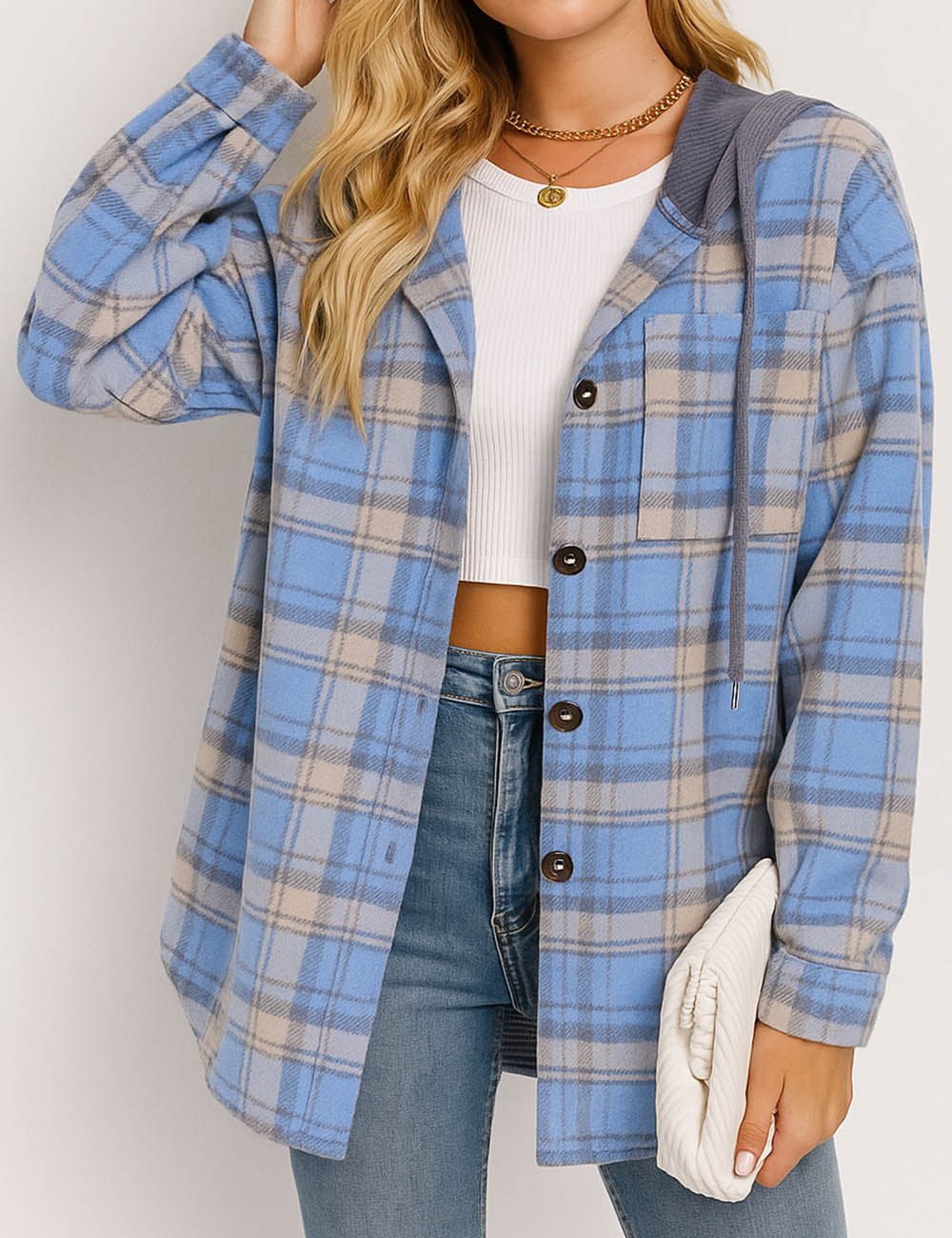 Ladies Plaid Brushed Flannel Hooded Collar Jacket