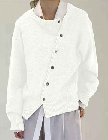 Ladies Solid Color Round Collar Long Sleeves Knit Cardigan