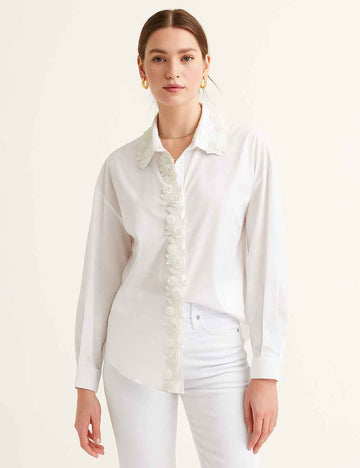 Ladies White 3D Flower Trim Button Down Shirt