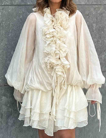 Ladies Solid Color Lantern Sleeves Rose Splice Mini Dress