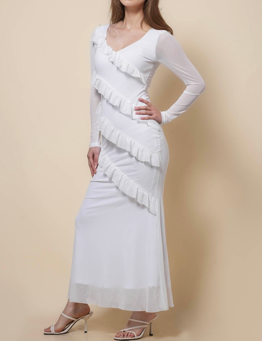 Ladies Ruffle Solid Color Slim Fit Maxi Dress SKD41081