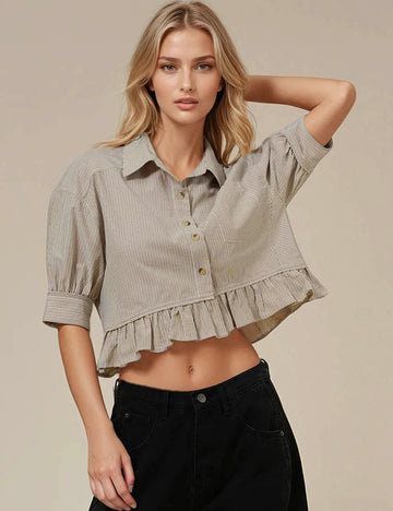 Ladies Stripe Color Block Short Sleeves Shirt SKT51155