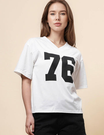 Ladies Number Print V-Neck Tee Short Sleeves T-Shirt SKT4988