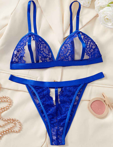 Ladies Sexy Sheer Lace Open Crotch Underwear Lingerie Set