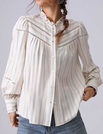 Ladies Ruffle Stand Collar Striped Button Long Sleeves Blouse