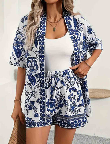 Ladies Tribal Print Short Sleeves Kimono Top & Shorts Set