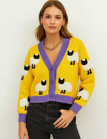 Ladies V-Neck Sheep Pattern Crochet Knit Cardigan