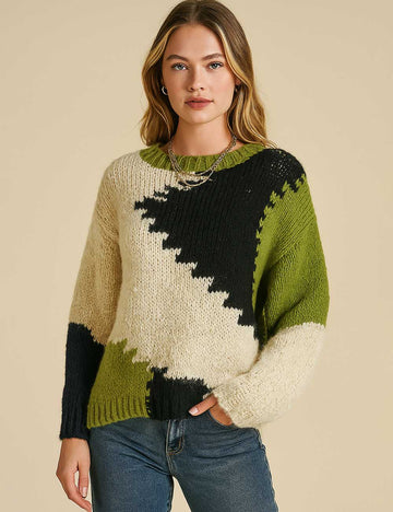Ladies Abstract Geometric Round Neck Long Sleeves Sweater