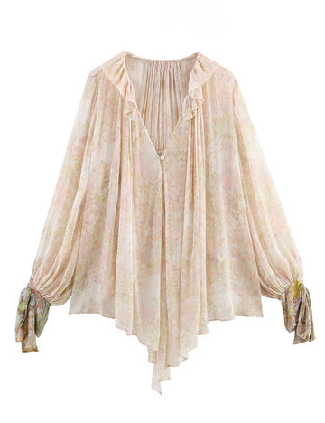 Ladies V-Neck Floral Print Ruffle Long Sleeves Blouse