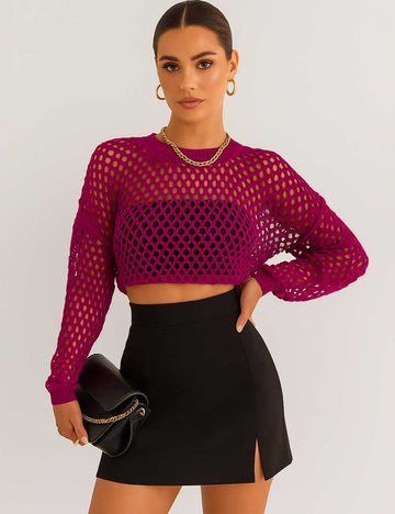 Ladies Round Neck Hollow Out Cropped Knit Blouse