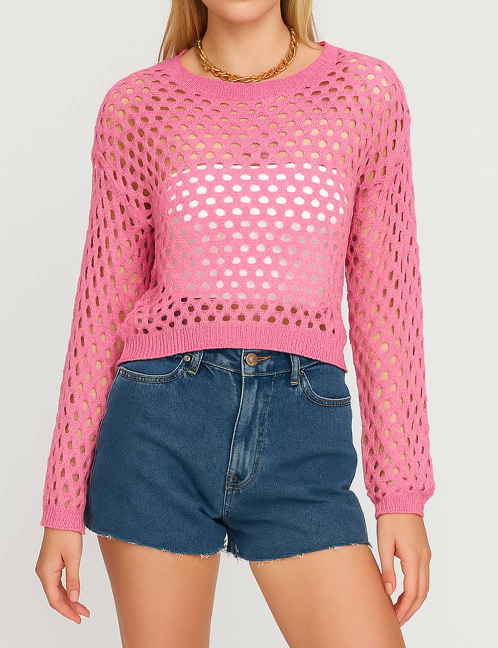 Ladies Long Sleeves Hollow Out Daily Knit Blouse MY8003