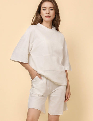 Ladies Solid Color Pullover Top and Shorts 2PCS Set SKST4791