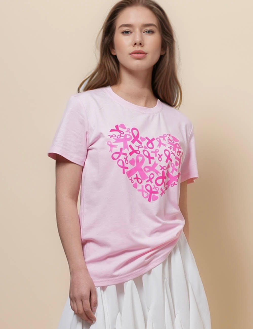 Ladies Heart Print Round Neck T-Shirt SKT50575