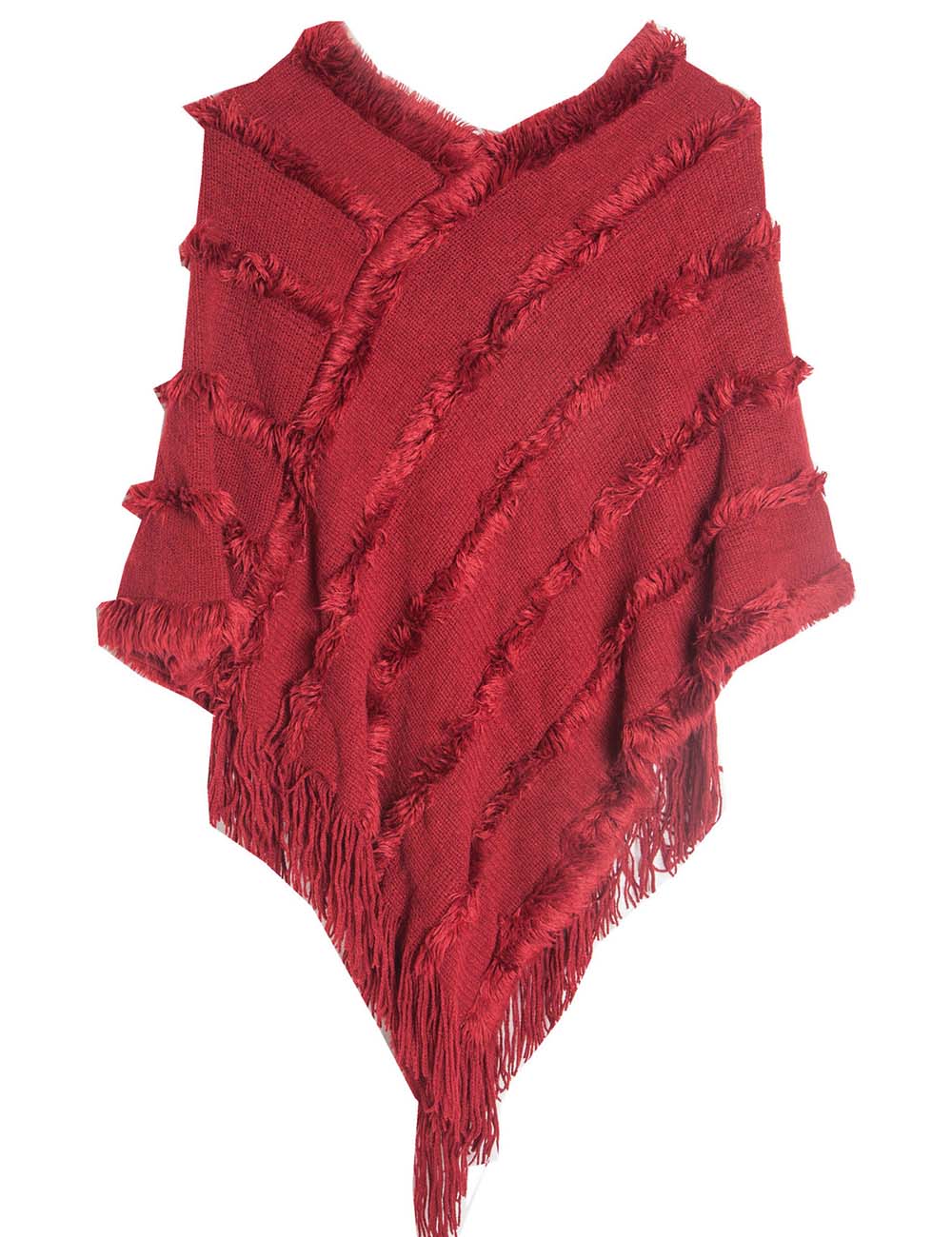 Ladies Tassel Trim Scarf V-Neck Solid Color Knit Shawl