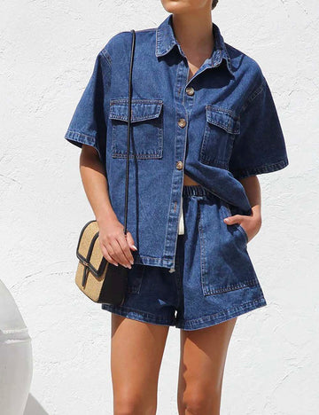 Ladies Turndown Collar Short Sleeves Top & Shorts Denim Set