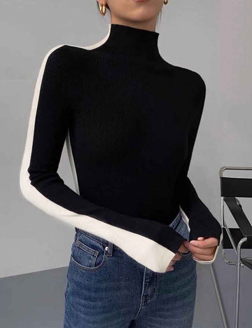 Ladies Color Block Turtleneck Long Sleeves Knit Layering Top