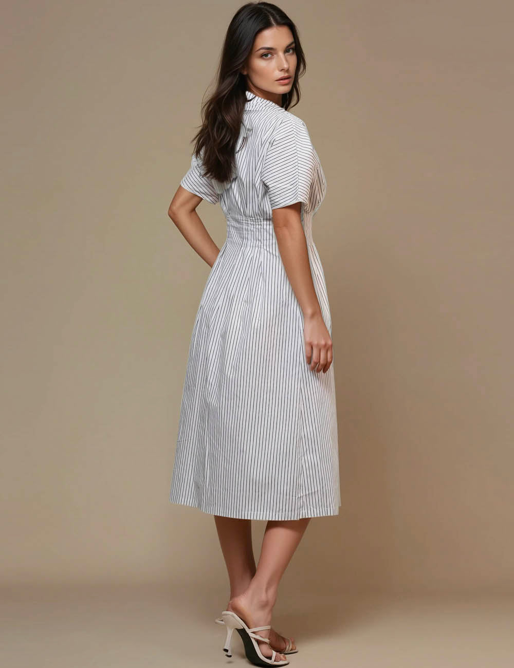 Ladies Stripe Color Block Short Sleeves Shirt Dress SKD50310