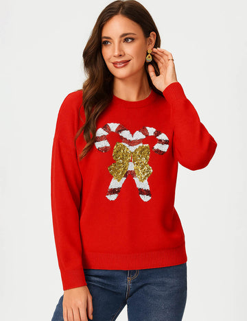 Ladies Christmas Holiday Bow Sequins Candy Cane Pulolover Sweater