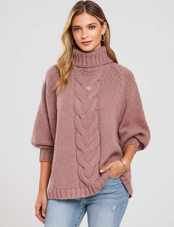 Ladies Turtle Neck Long Sleeves Pullover Knit Sweater