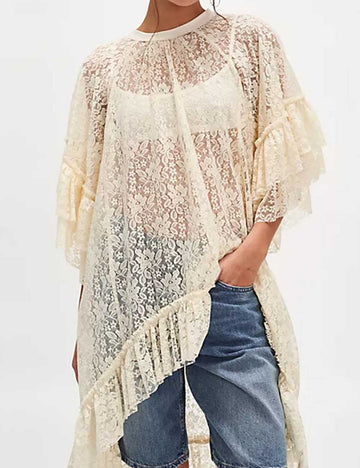 Ladies Floral Lace See Through Irregular Mid Sleeves Blouse