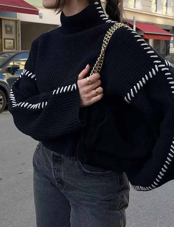 Ladies Color Block Stitching Stand Neck Long Sleeves Sweater