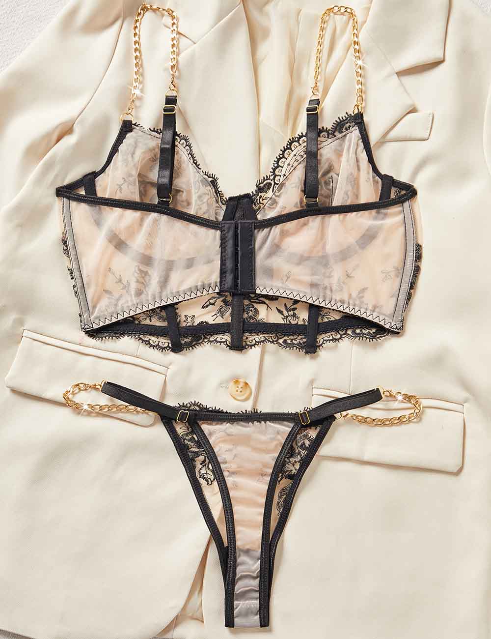 Ladies Sexy Sheer Floral Embroidery Chain Strap Lingerie Set