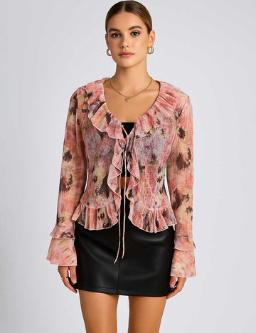 SKTKX32 Women V-Neck Floral Print Long Sleeve Top