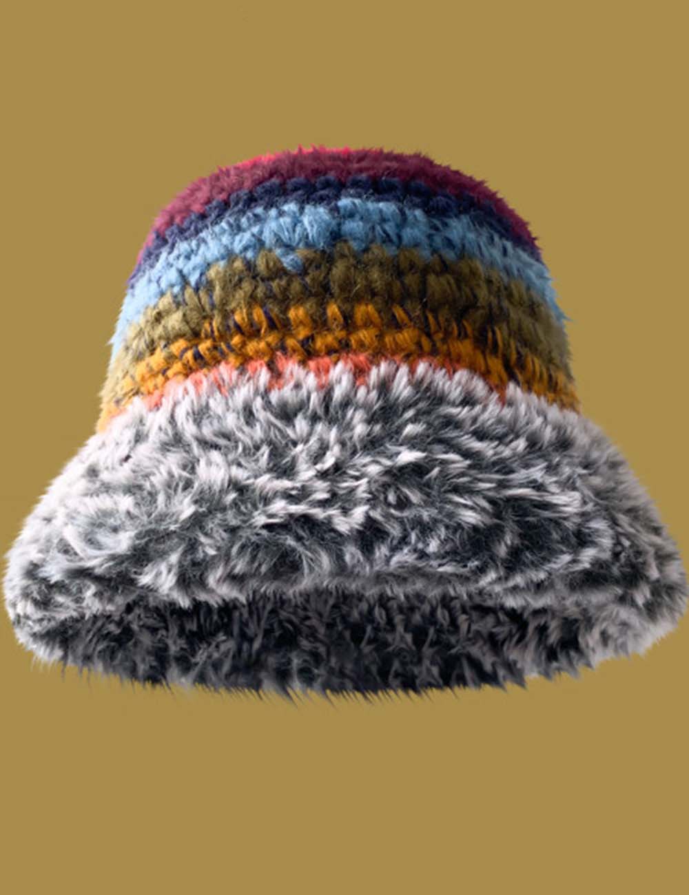 Ladies Multi Color Striped Plush Bucket Hat