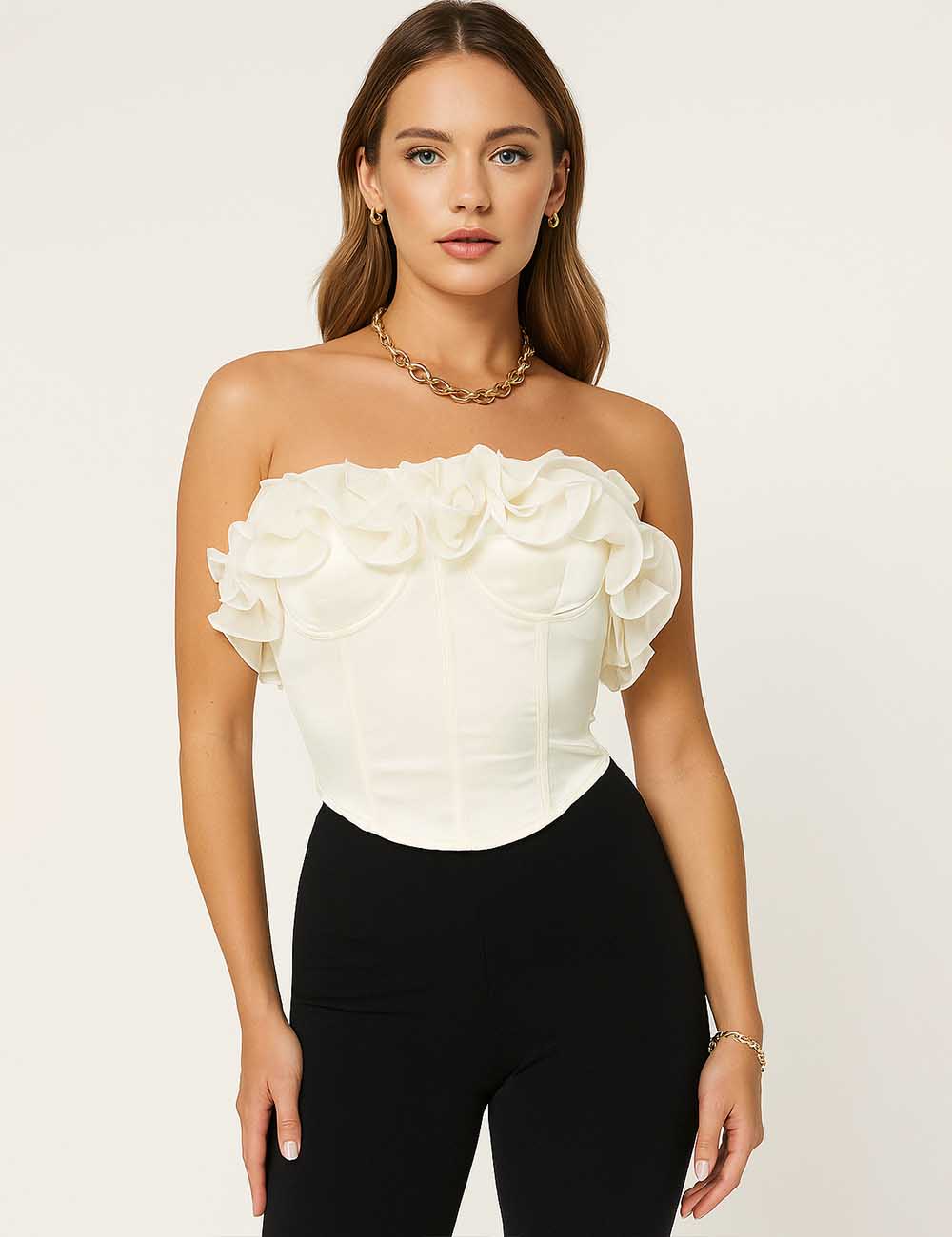 Ladies Ruffled Tube Top Curved Hem Strapless Sleeveless Corset