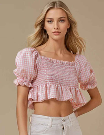 Ladies Square Neck Checked Ruffle Short Sleeves Cropped Top