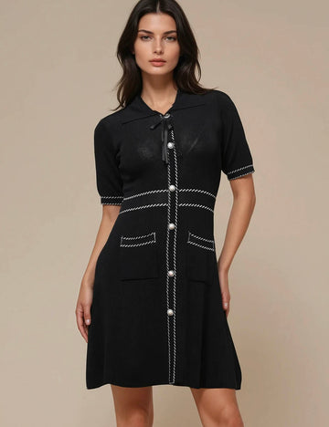 Ladies Turn Down Collar Short Sleeves Button Mini Dress SKD4039
