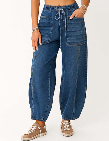 Ladies Elastic Waist String Tie Balloon Leg Denim Pants