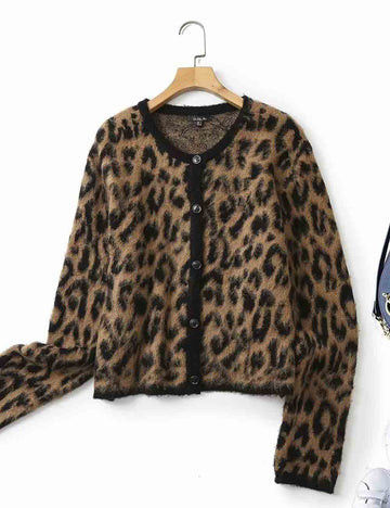 Ladies Leopard Pattern Round Neck Button Knit Cardigan