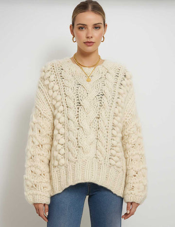 Ladies Solid Color Round Neck Long Sleeves Cable Knit Sweater