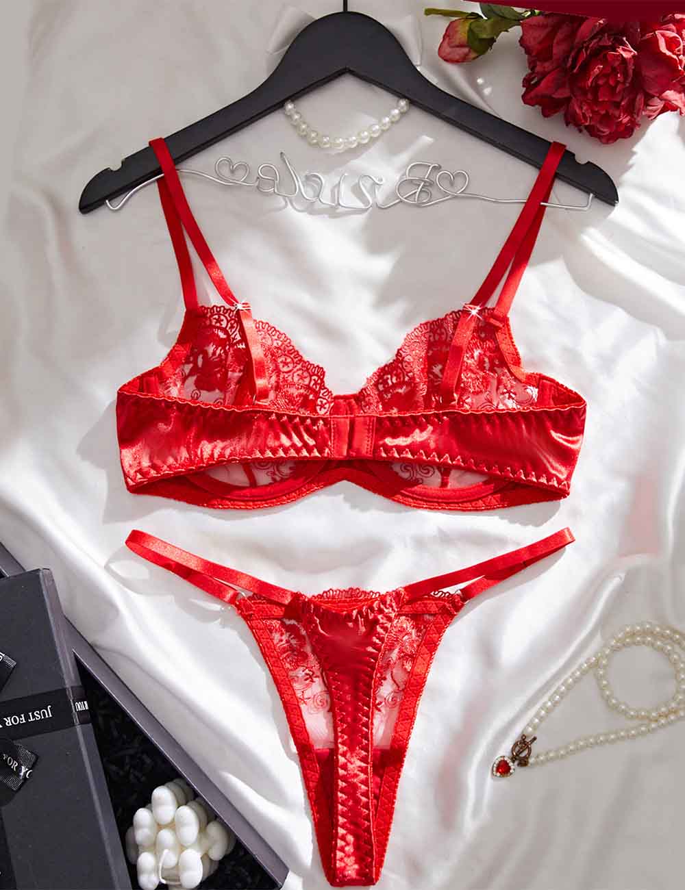 Ladies Stain Embroidery Sheer Mesh Lingerie Set