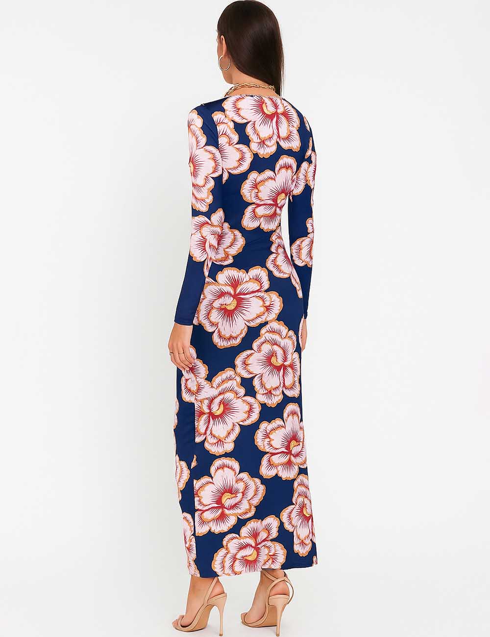 Ladies Contrast Floral Print Pullover Hip Wrap Maxi Dress