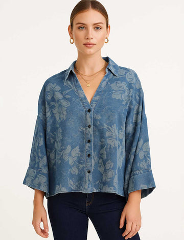Ladies Floral Print Button Down Bell Sleeves Denim Shirt