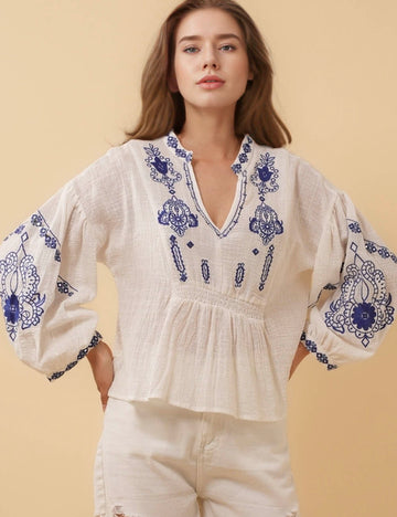 Ladies V-Neck Puff Sleeves Floral Embroidery Blouse 8SKT50726