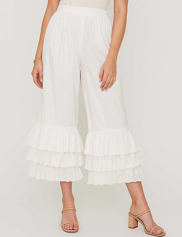 Ladies Elastic Waist Eyelet Hollow Out Tiered Ruffle Pants