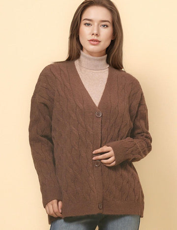 Ladies Solid Color Cable Knit Botton Cardigan SKT4811