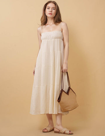 Ladies Solid Color Back Smocking Midi Dress 8SKD51109