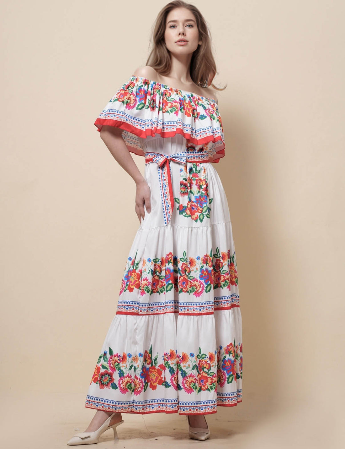Ladies Off-Shoulder Floral Print Maxi Dress SKD51199