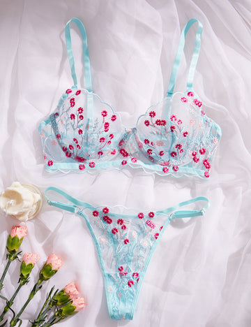 Ladies Color Block Floral Embroidery 2PCS Lingerie Set SKLG4037