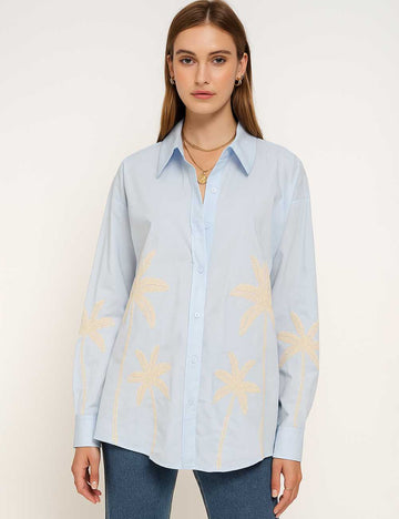 Women Color Block Coconut Tree Buttom Down Shirt