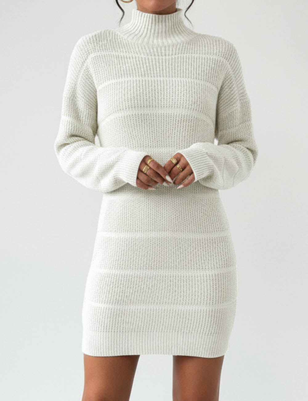 Ladies Ribbed Knit Mock Neck Hip Wrap Sweater Mini Dress