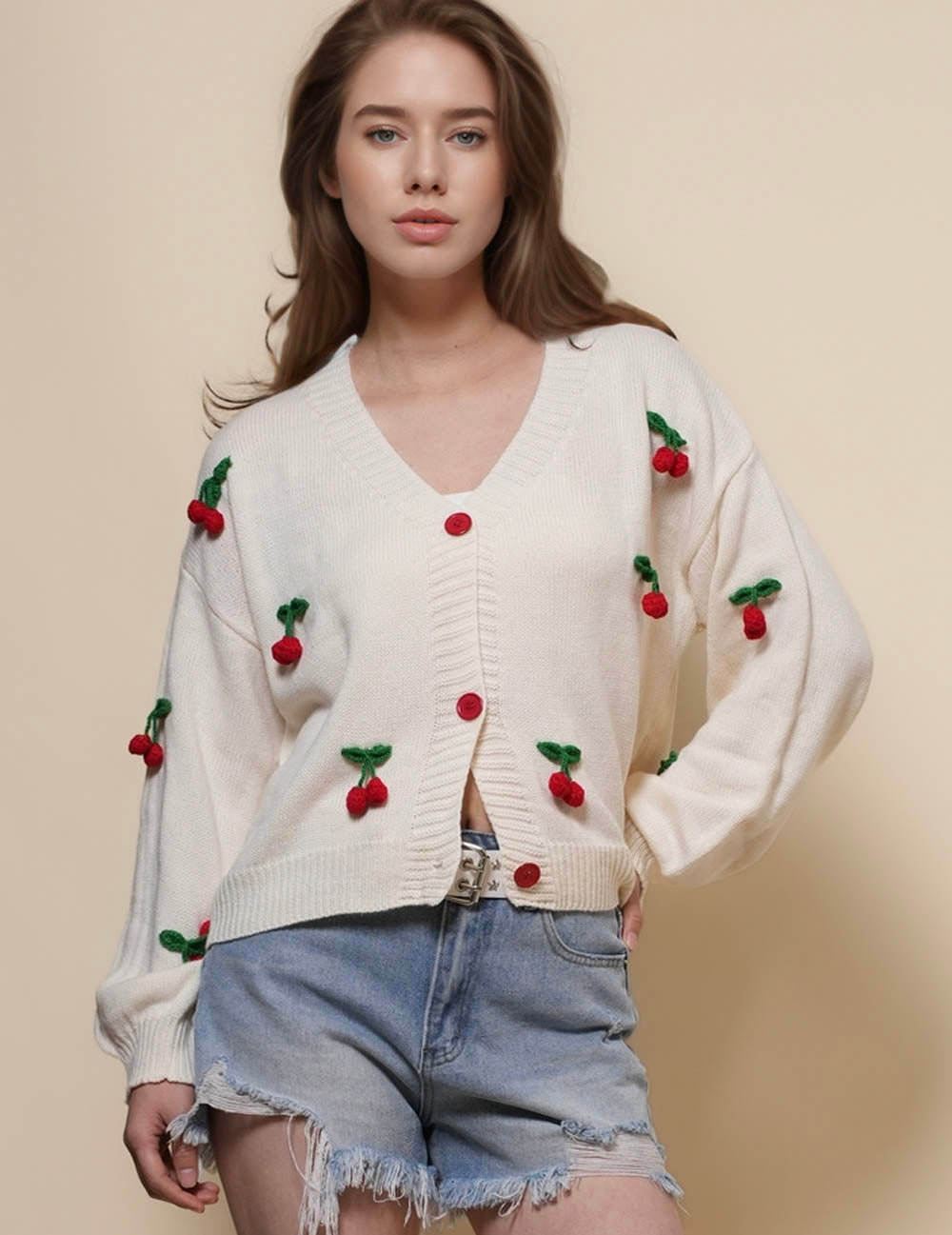 Ladies V-Neck Long Sleeves Cherry Knit Cardigan SKT50166