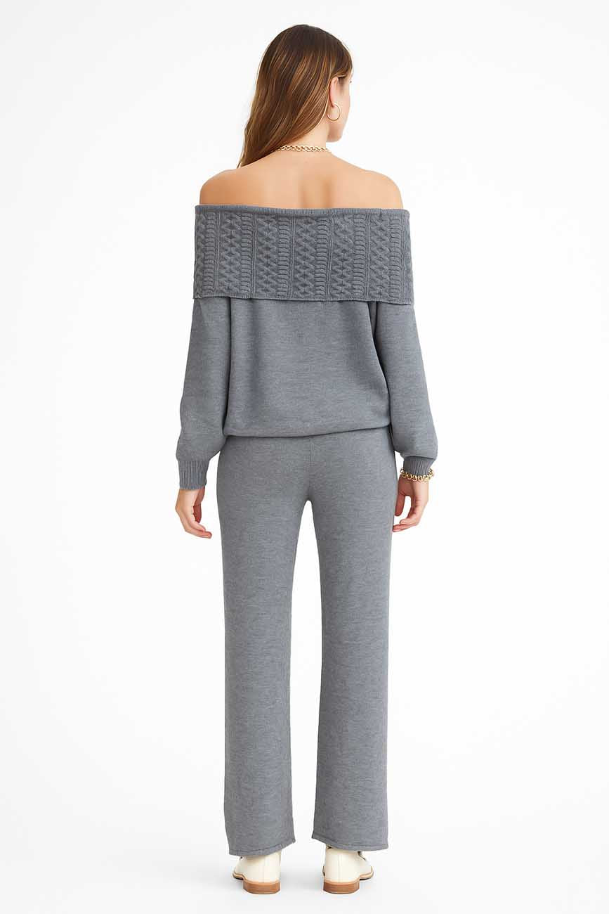 Ladies Off-Shoulder Wide Leg Knit Top & Pants Set