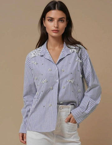 Ladies Color Block Stripe Button Down Shirt JT5001