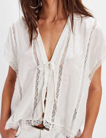 Ladies Solid Color Lace Hollow Out String Tie Blouse